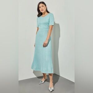 NWT Ming Wang Fit & Flare Midi Dress Metallic Soft Knit in Oceanside Size Medium
